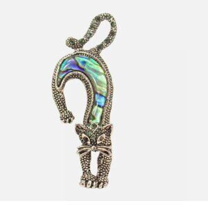 Stretching Cat brooch pin in abalone shell, crystals, and in an antique finish